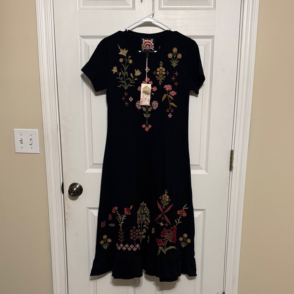 Johnny Was Black Dress with Multicolor Floral Embroidery size small NWT
